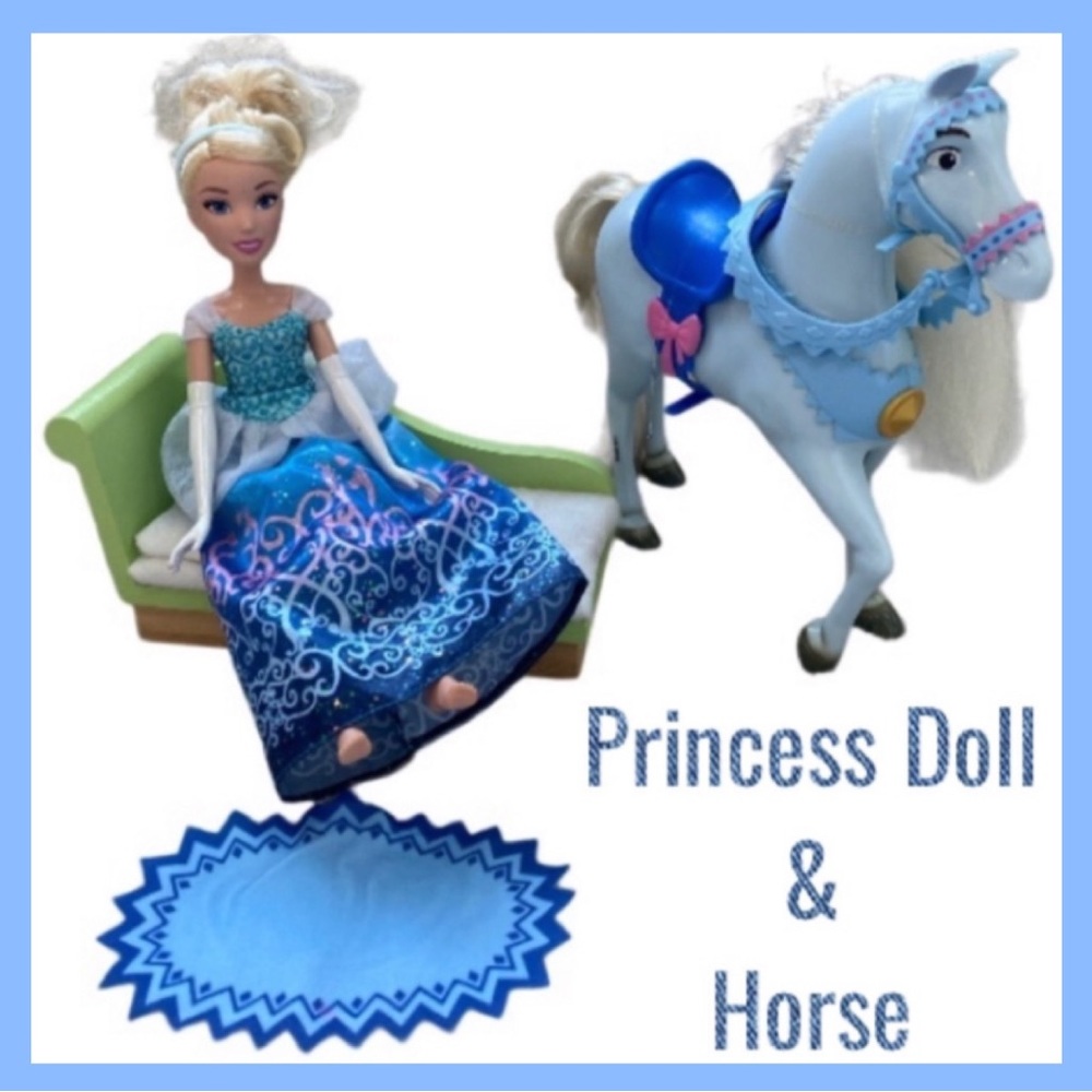 Disney Princess Cinderella Doll & Royal Crown Horse Couch Sofa Rug Toy Bundle 39